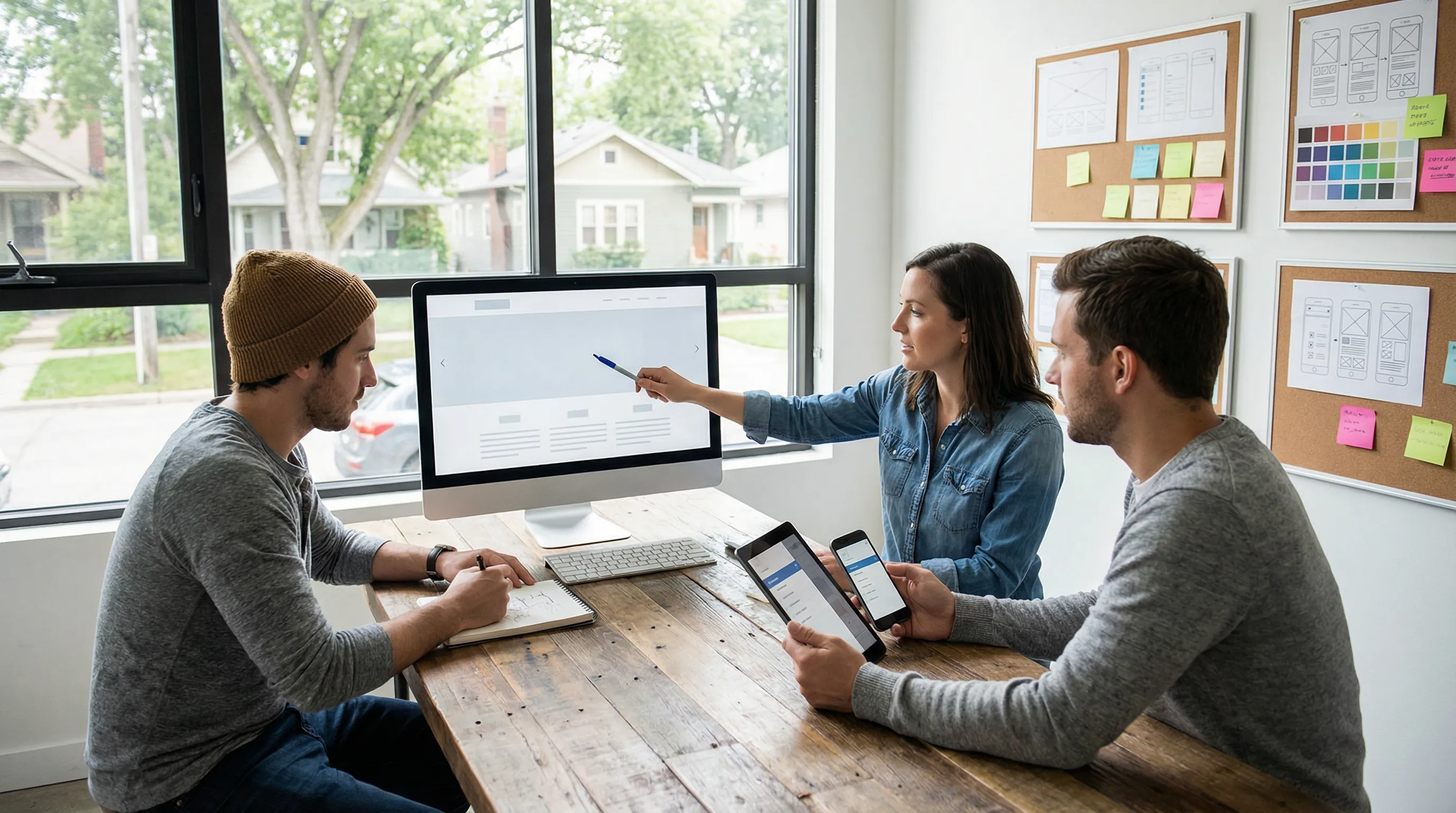 Web design team in a bright, modern studio reviewing a clean, responsive website layout on multiple devices, conveying local, professional, and user-friendly web design services.