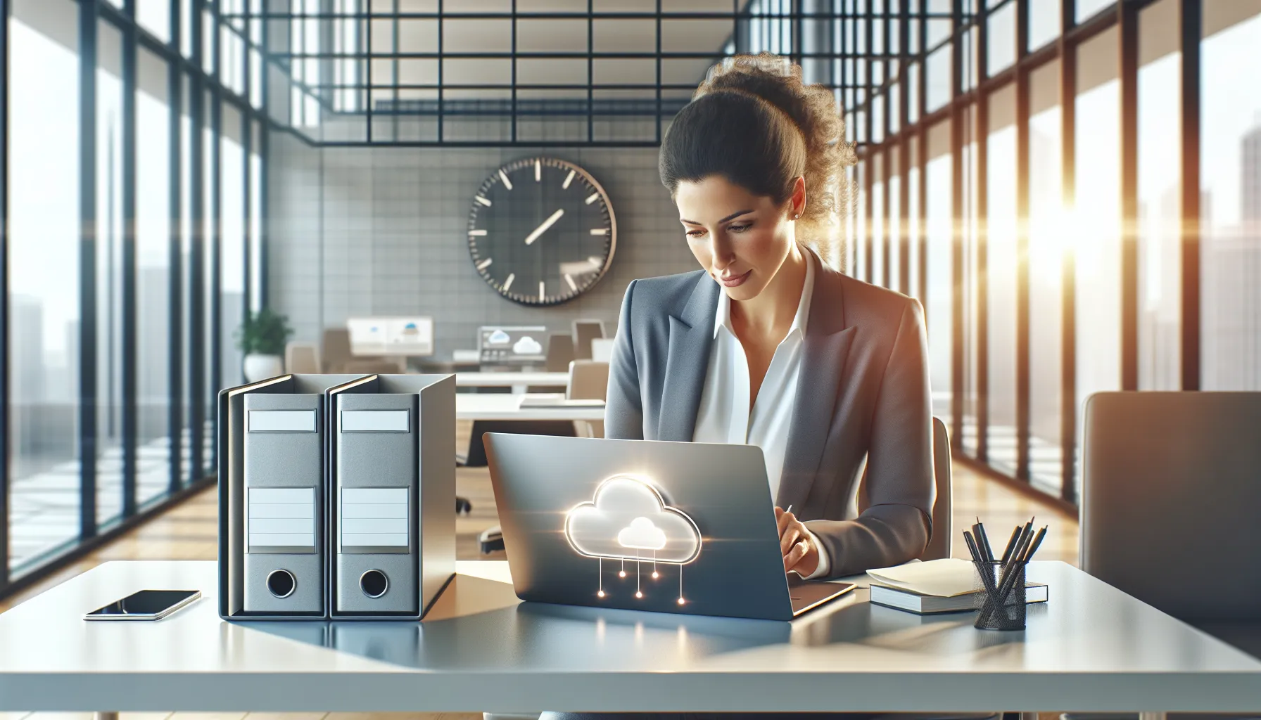 woman reviewing files on laptop in a modern office.