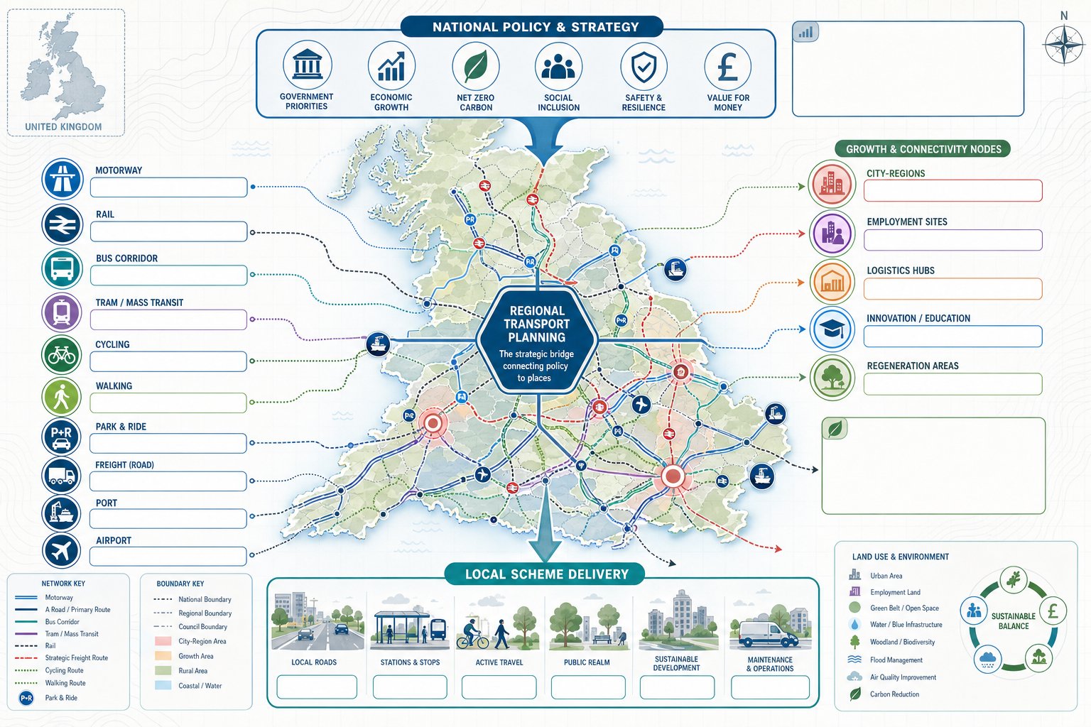 UK regional transport planning diagram linking policy, growth areas, and transport networks.