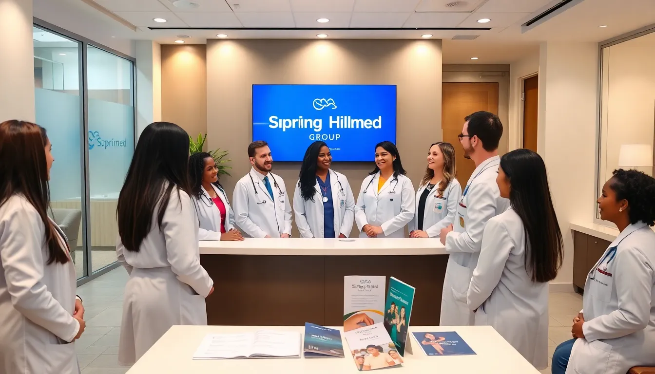 diverse healthcare team in a welcoming medical reception area.