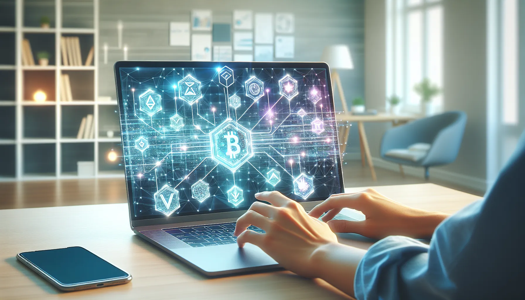 Person using laptop displaying blockchain network and DeFi cryptocurrency interface at modern desk.