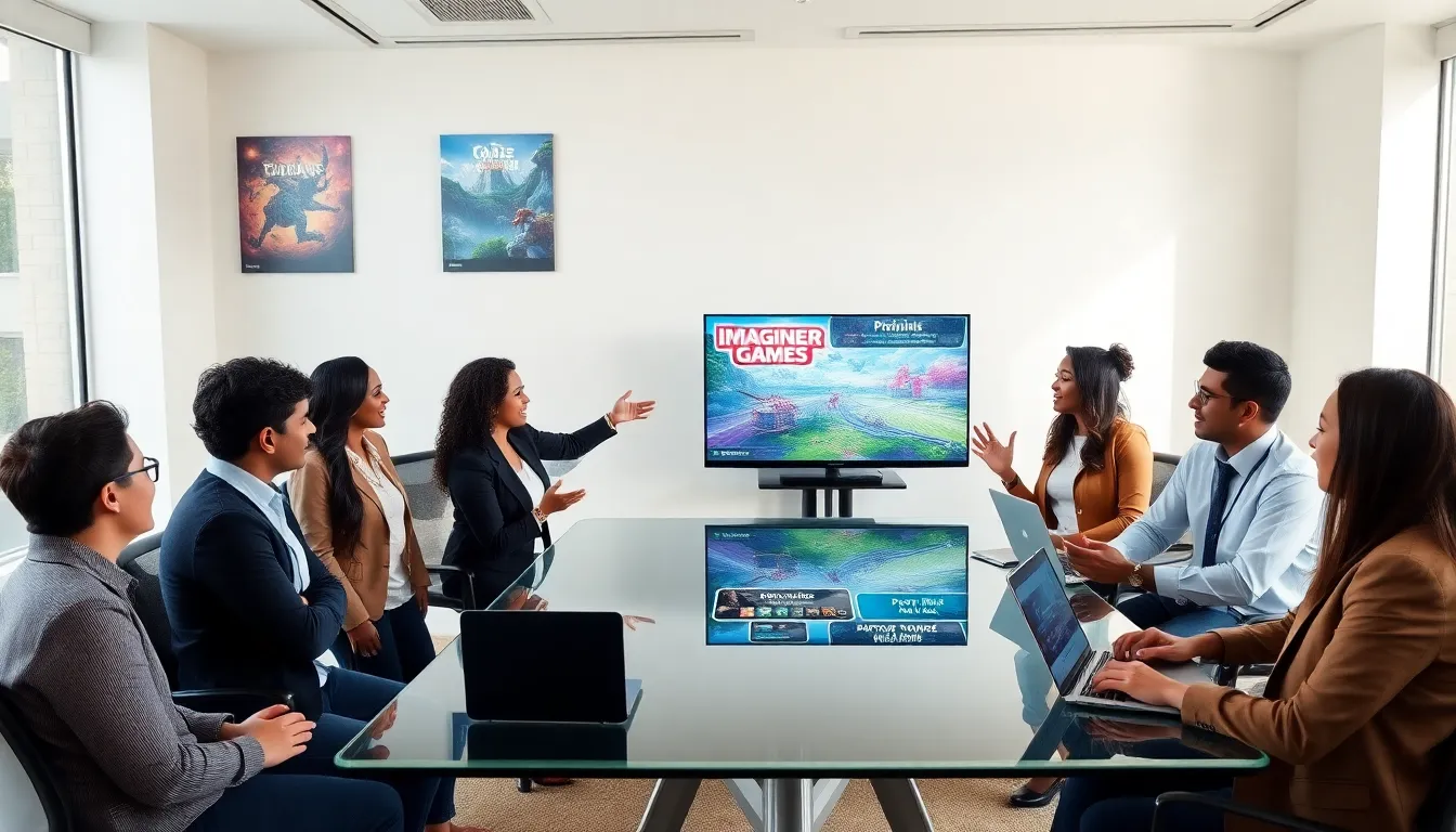 diverse team discussing game development in a modern office