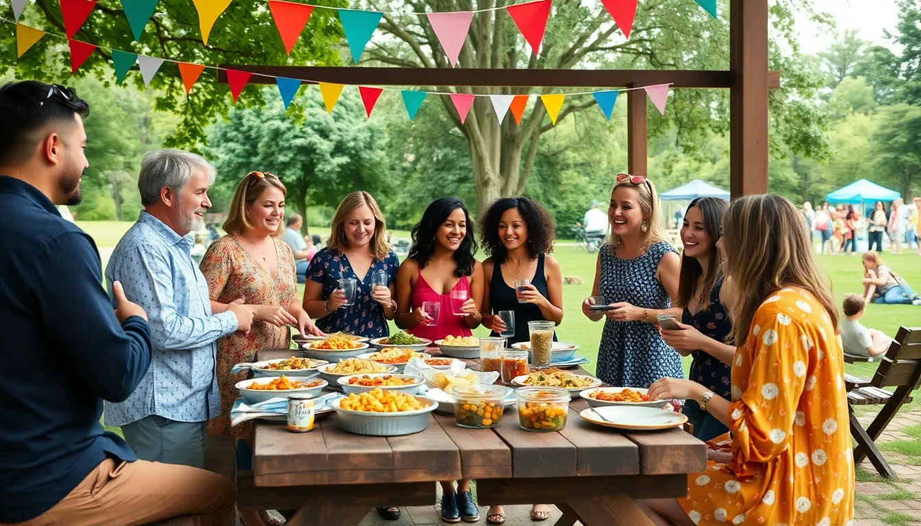 diverse group enjoying a potluck in a community park.