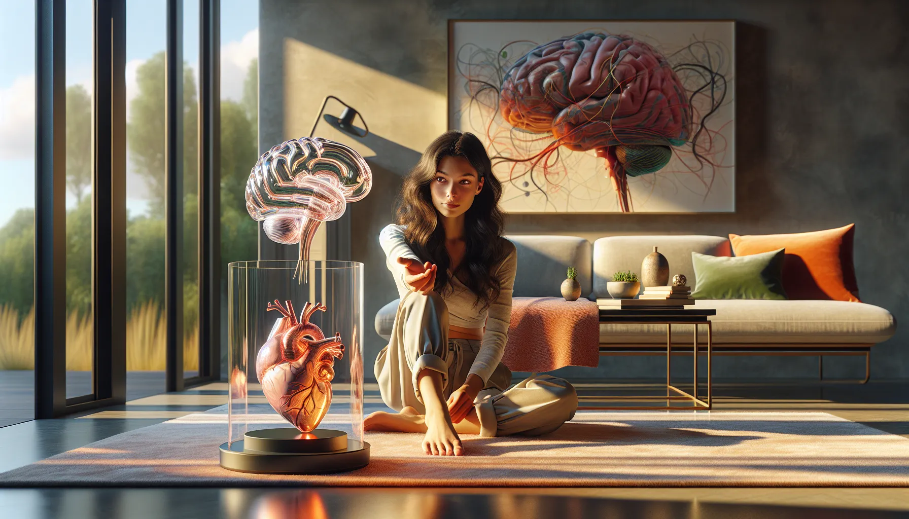 a woman contemplating the roles of the brain and heart in a serene room.