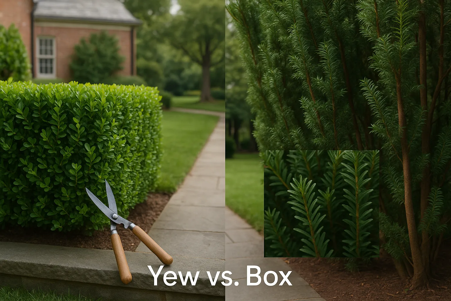 Side-by-side boxwood hedge and taller yew screen in a sunlit courtyard.