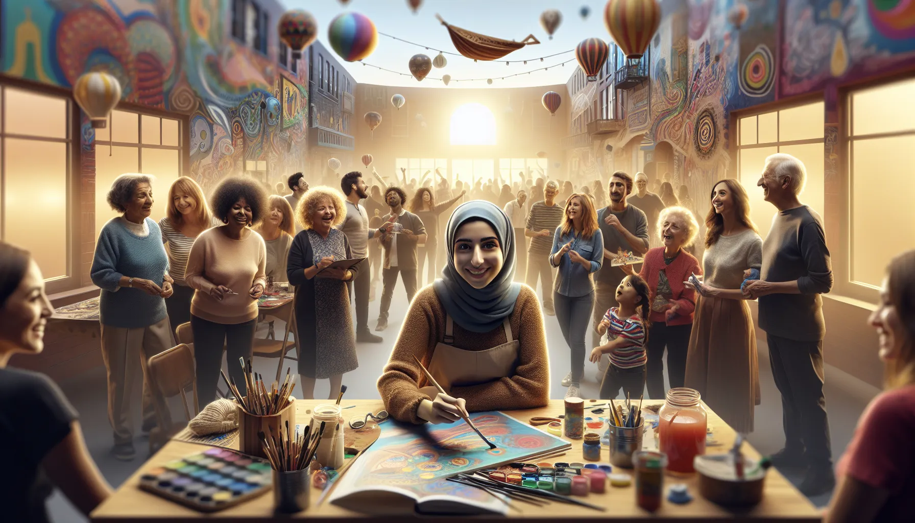 A diverse group encouraging a young woman in a creative community setting.