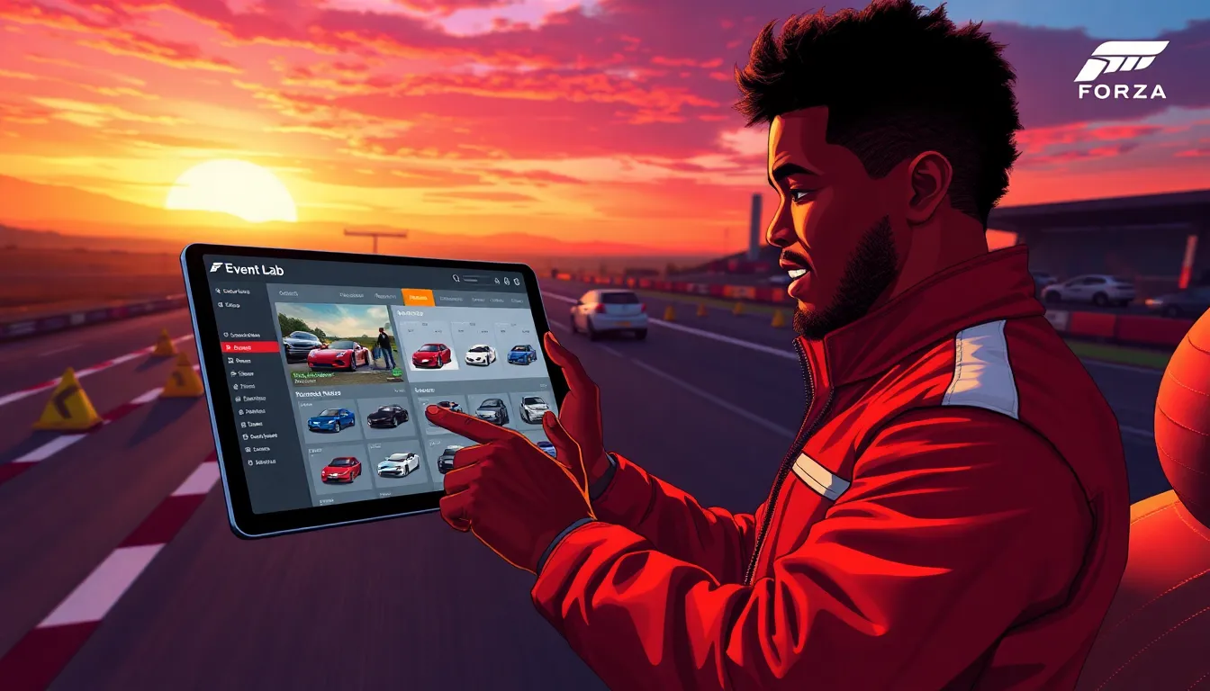 player customizing a racing scene in a vibrant sunset background.