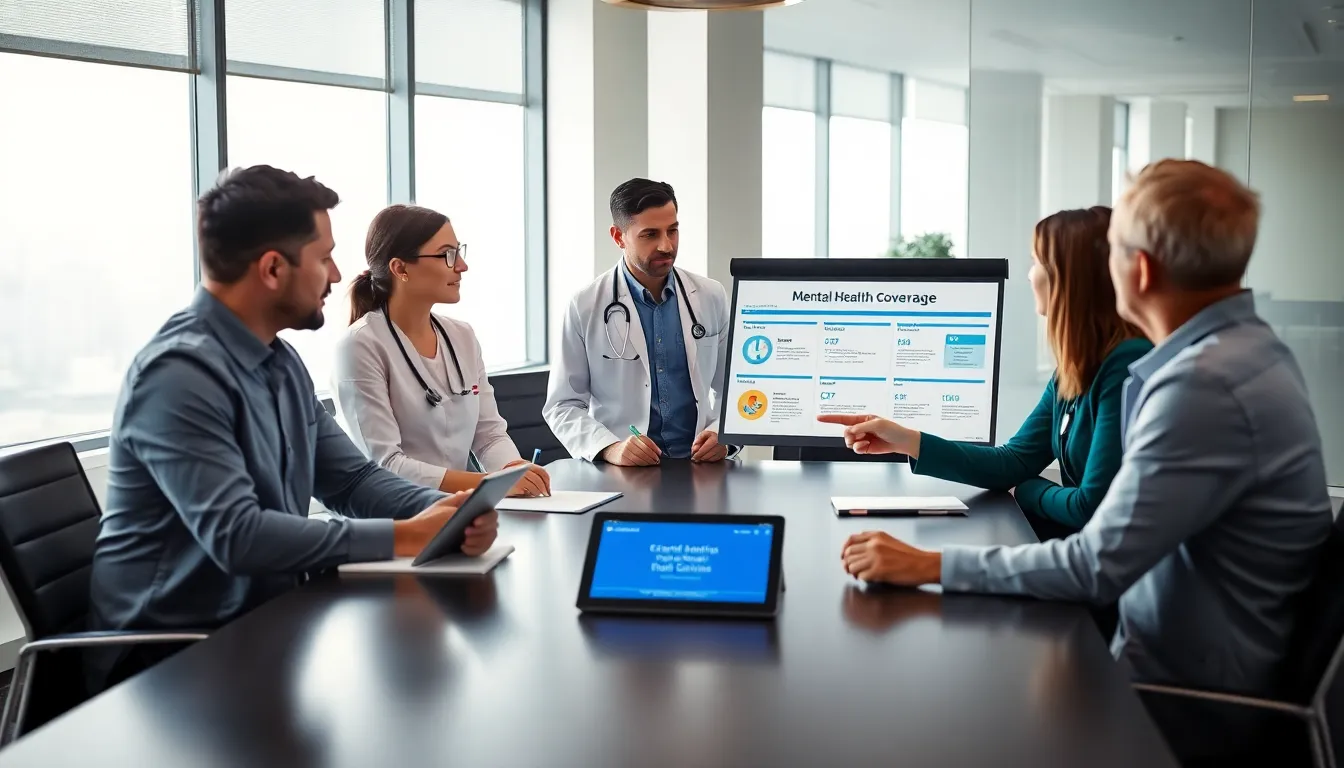 diverse team discussing BCBS mental health benefits in a modern office.