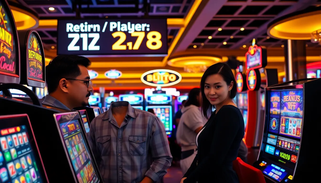 diverse players at Toto slot machines in a vibrant casino setting.