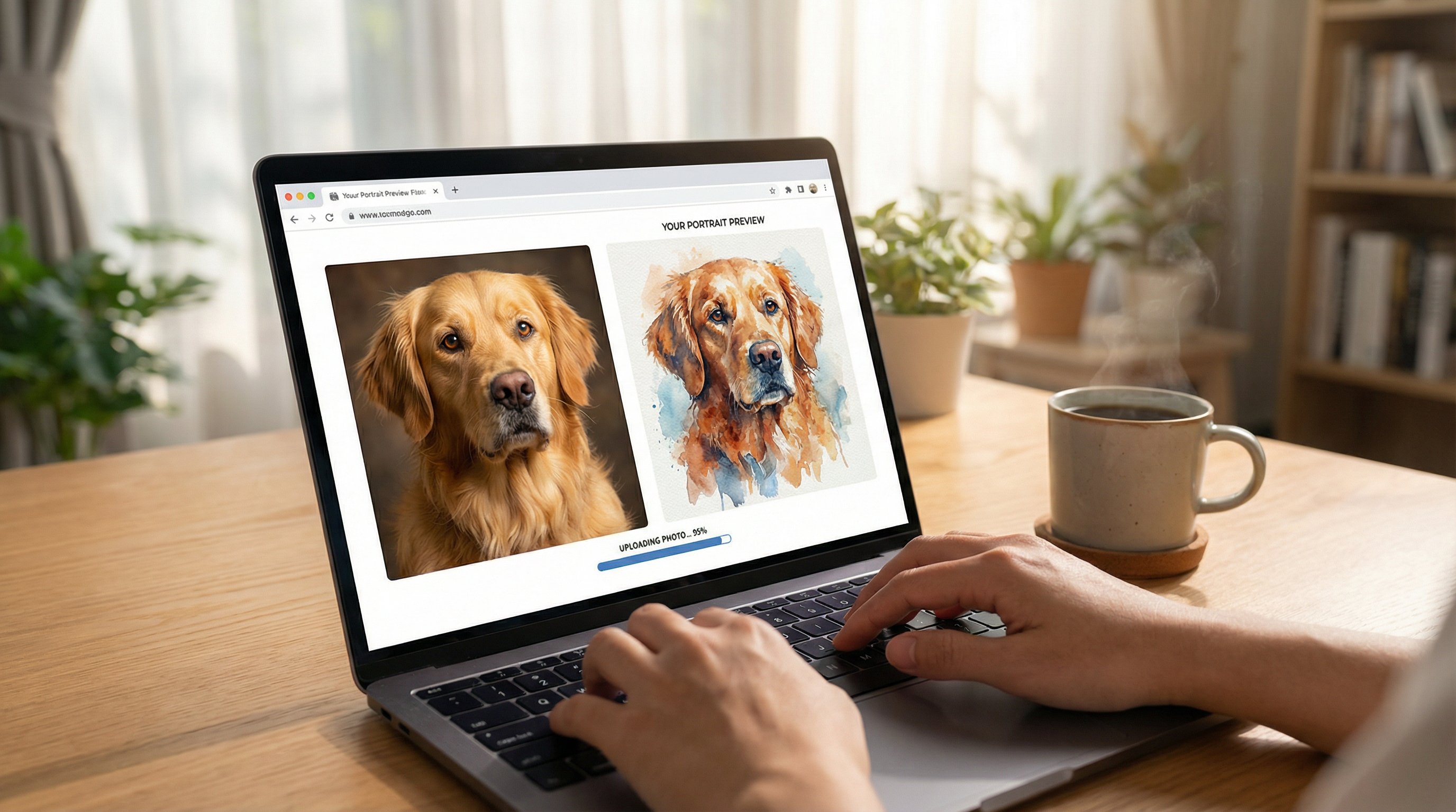 Laptop screen showing a dog photo being transformed into a custom portrait.
