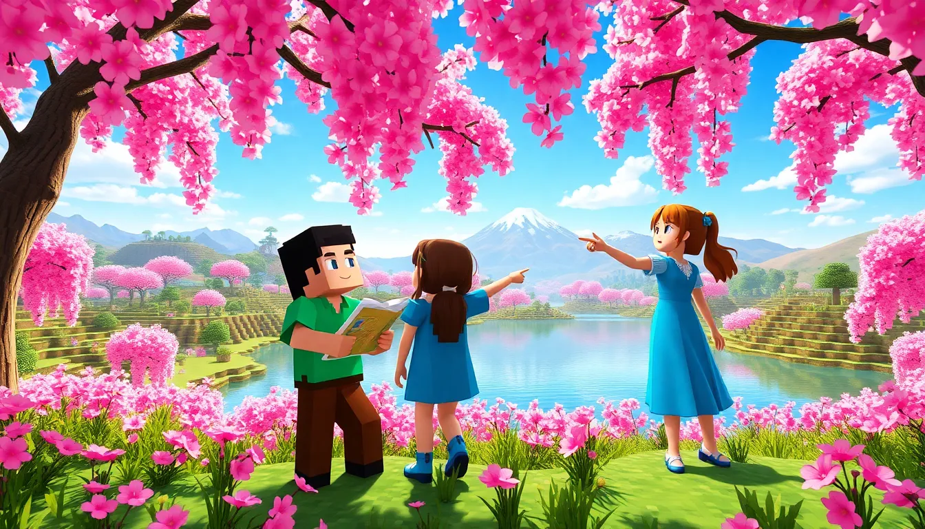 Minecraft characters exploring a Cherry Blossom biome with flowing trees and a lake.