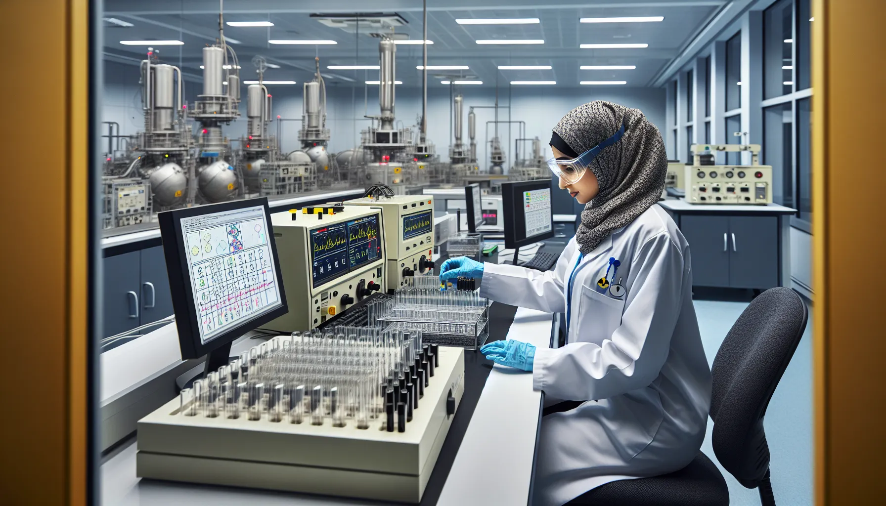 A scientist working with equipment studying alpha and beta decay.