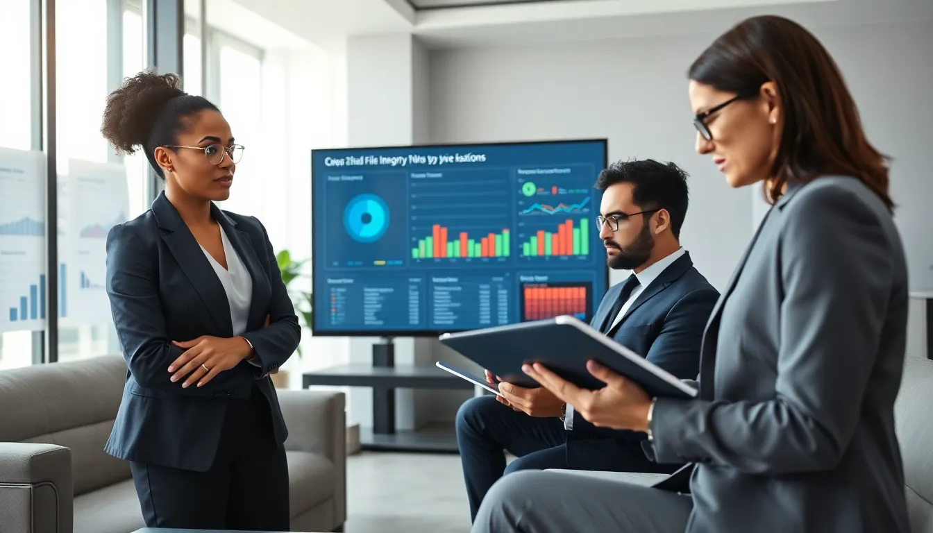 diverse cybersecurity team analyzing file integrity monitoring data in an office.