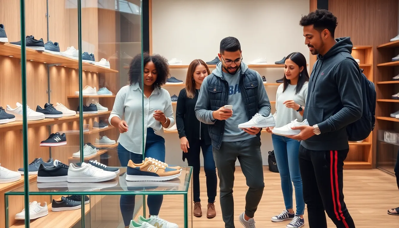 diverse group exploring trendy eco-friendly and athletic shoes in a modern store.