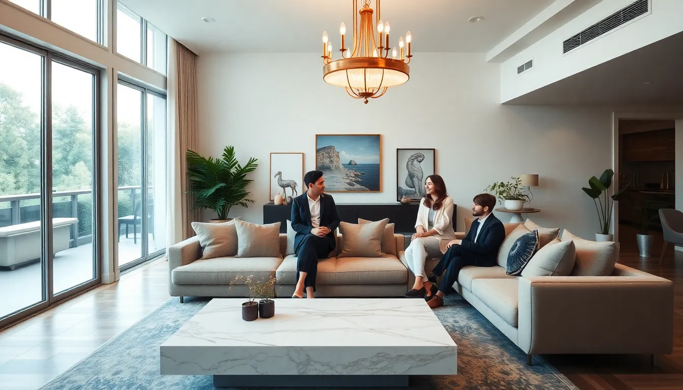 elegant luxury interior with diverse homeowners engaging in conversation.