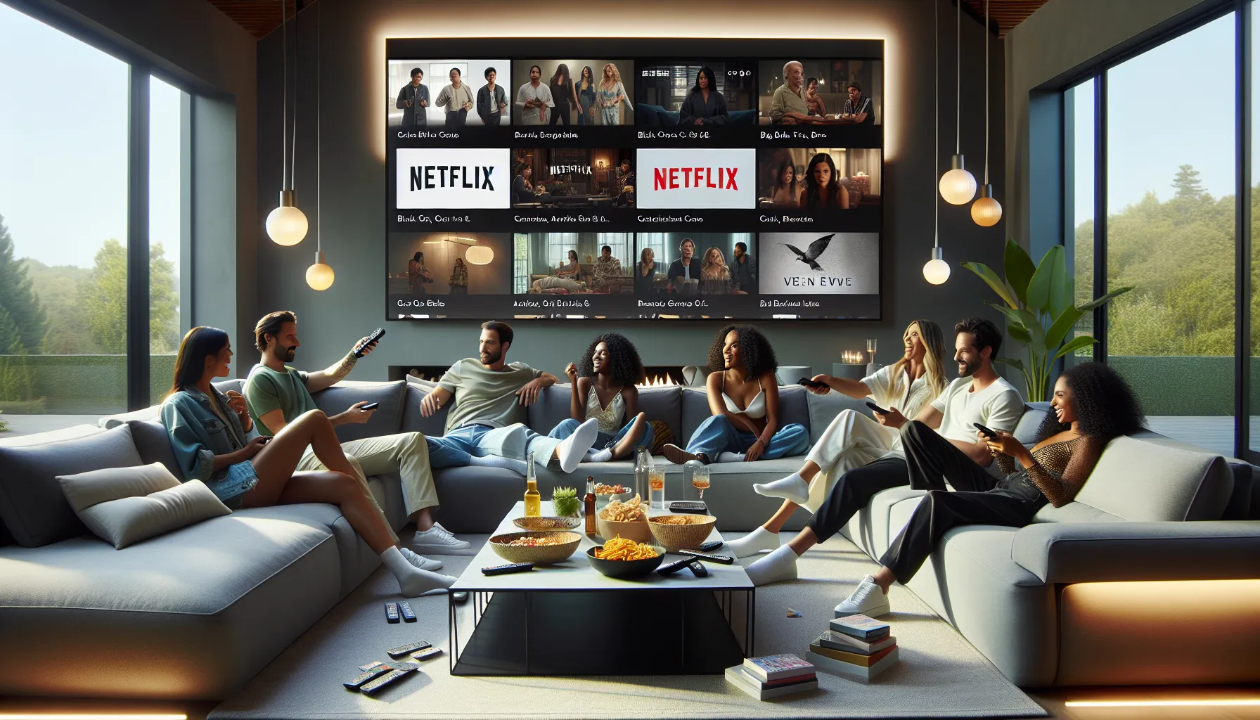 friends enjoying a movie night with streaming services in a modern living room.