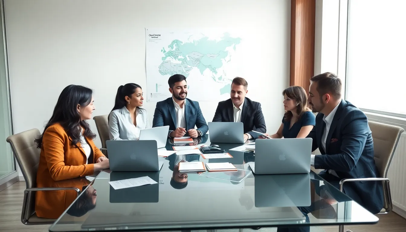 diverse team discussing travel preparations in a modern office.