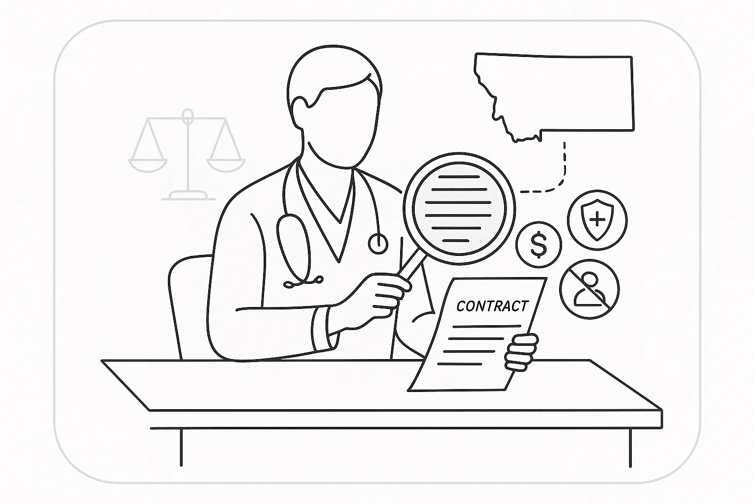 Nurse practitioner examining a contract with magnifying glass and Montana outline of Montana Nurse Practitioner Contract Review.