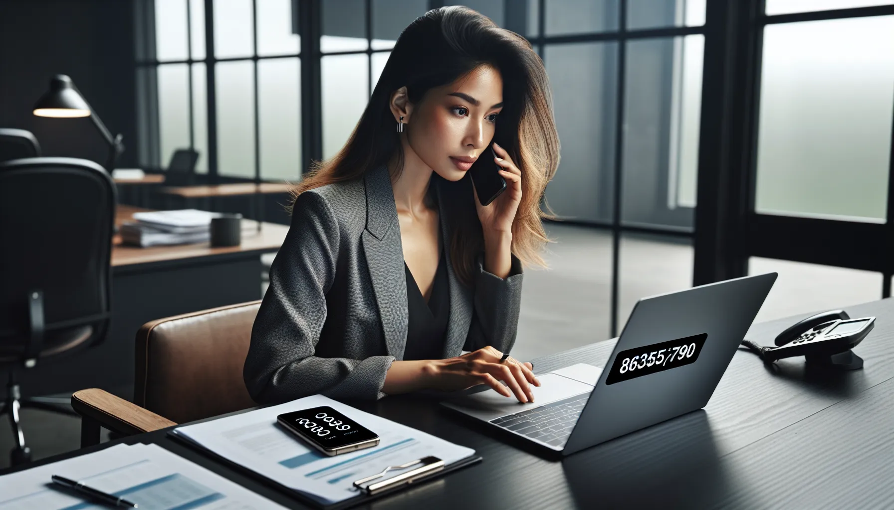 Woman researching a phone number at a modern office desk.