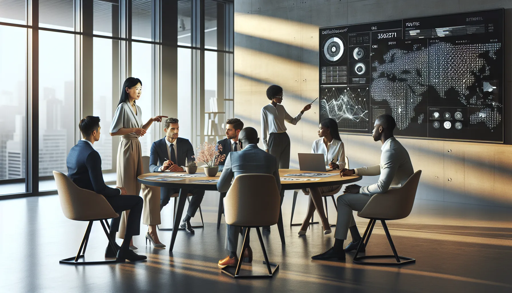diverse team discussing data interpretation in a modern office.