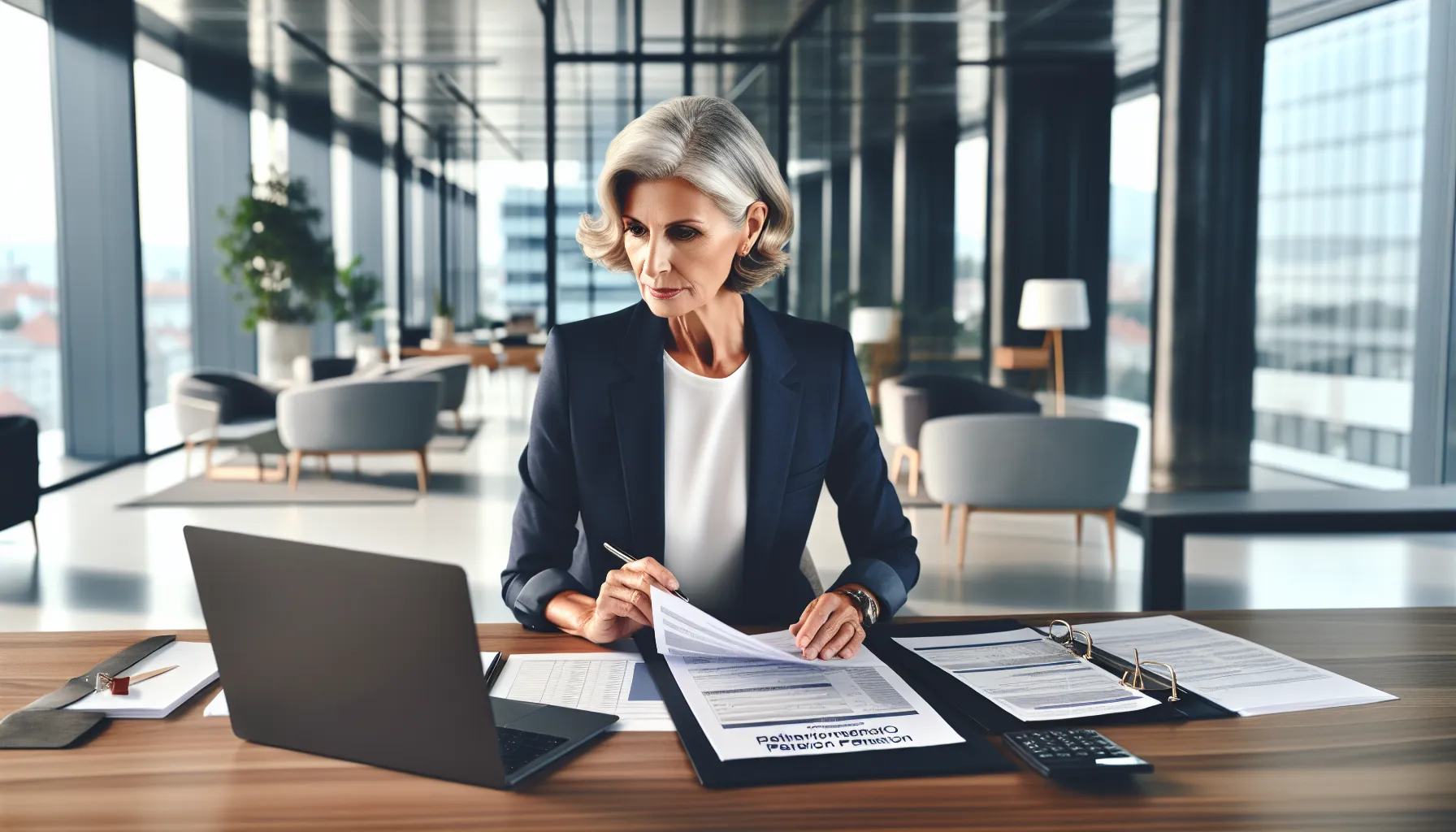 Professional Croatian woman reviewing retirement application documents at modern office desk.