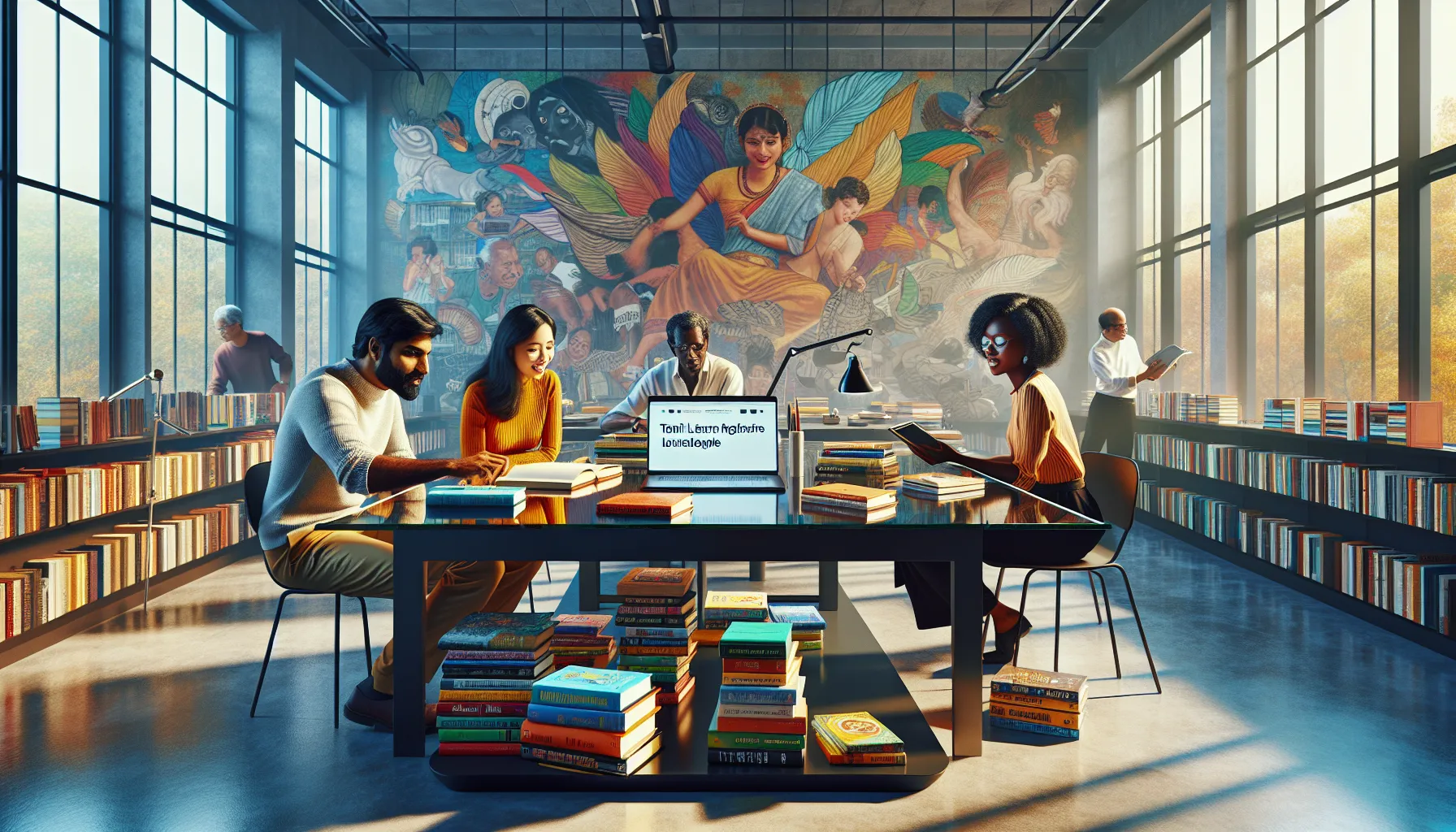 diverse professionals engaging with Tamil literature in a modern workspace.