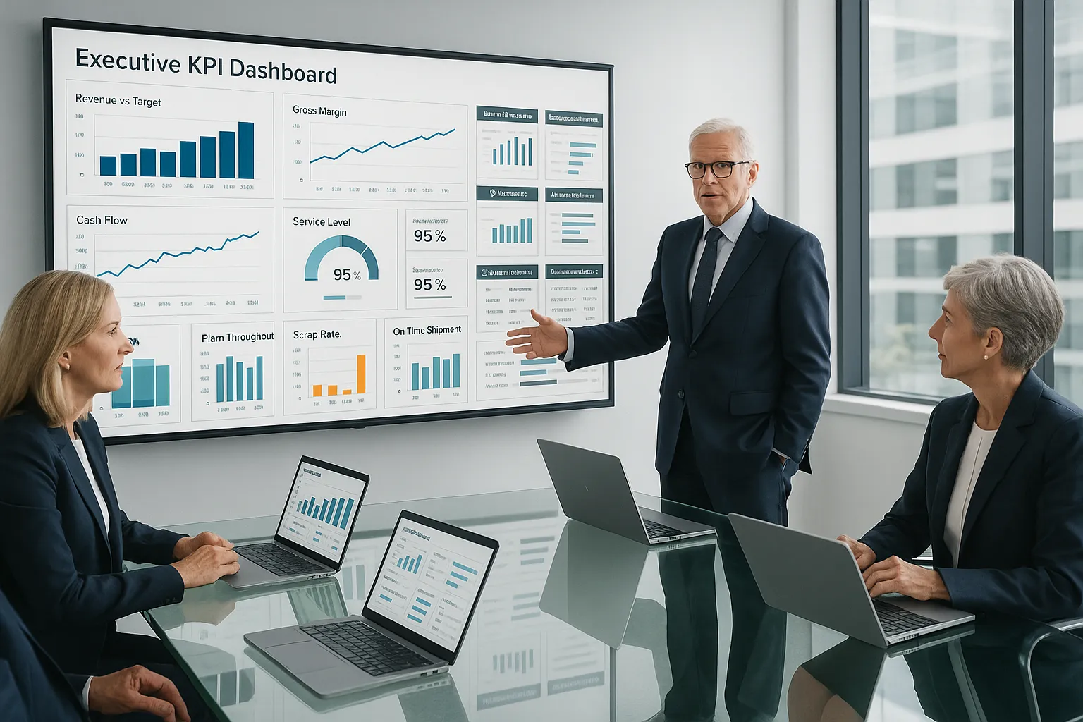 Business team reviewing dashboard and reporting software in a modern office.