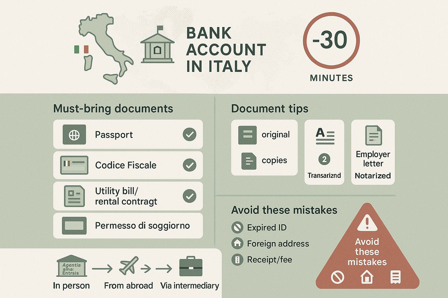 Checklist infografica che mostra documenti e come ottenere un Codice Fiscale in Italia.