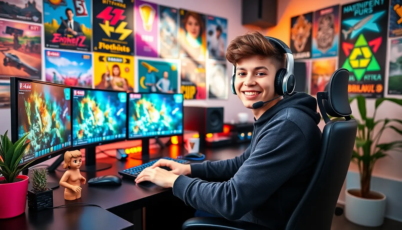 streamer in a colorful studio with gaming elements and lifestyle decor.