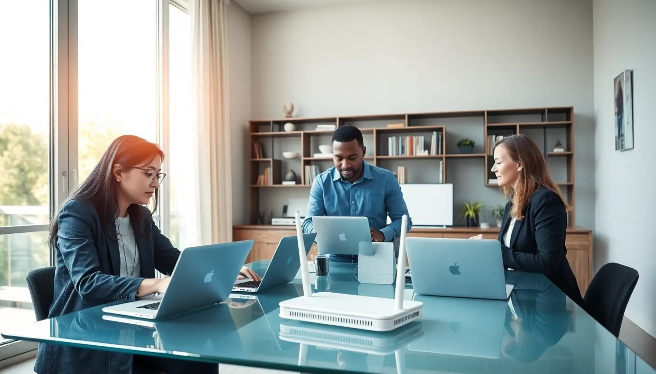 professionals collaborating in a modern home office with networking devices.