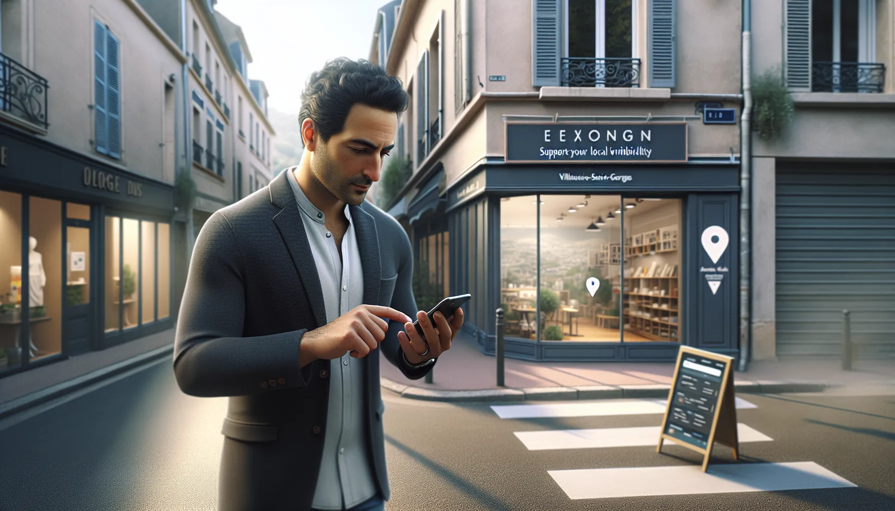 Local shop owner in Villeneuve-Saint-Georges checking Google local results on smartphone.