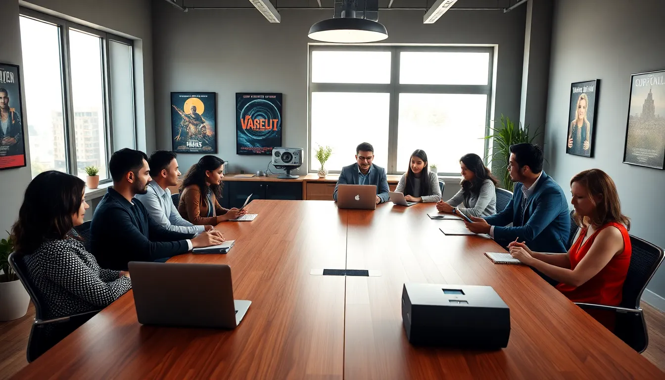 diverse professionals collaborating in a modern office focused on film.