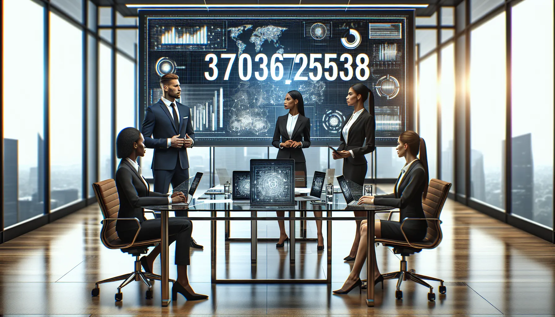 diverse team discussing a digital dashboard with a numerical identifier.