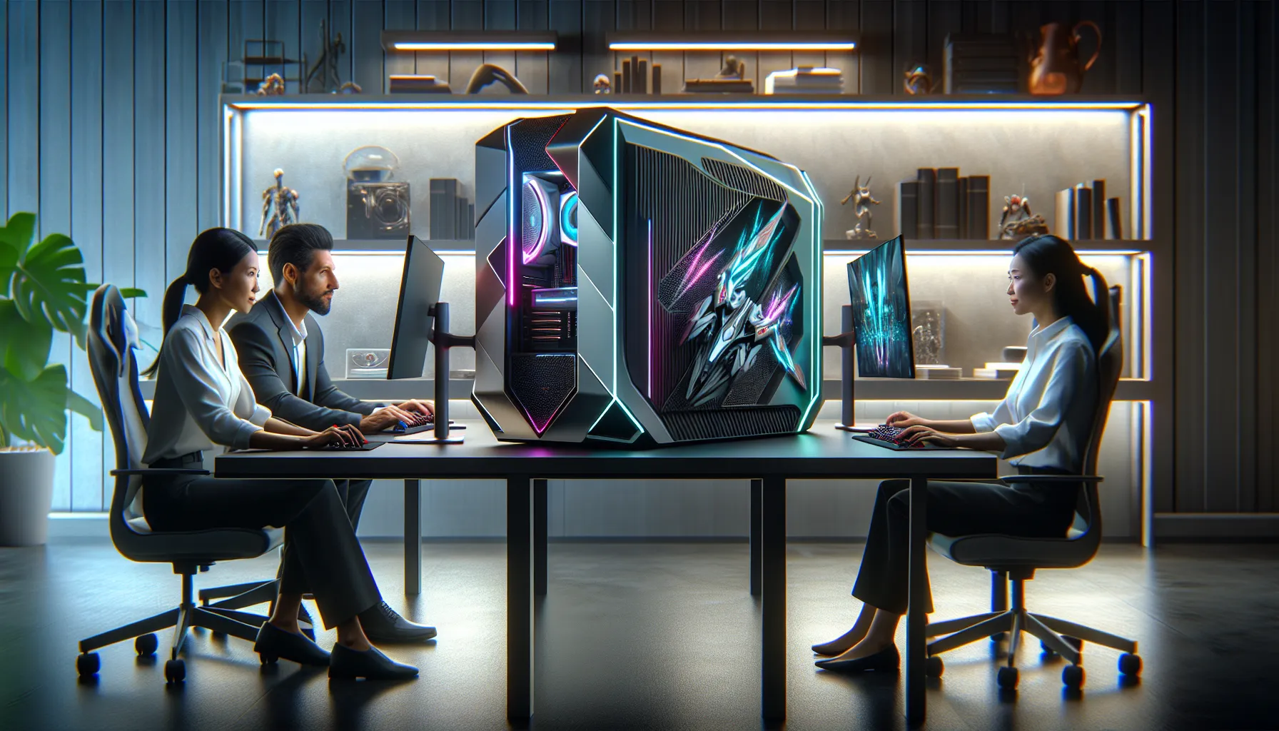 diverse group gaming with a Doayods PC in a modern home office.