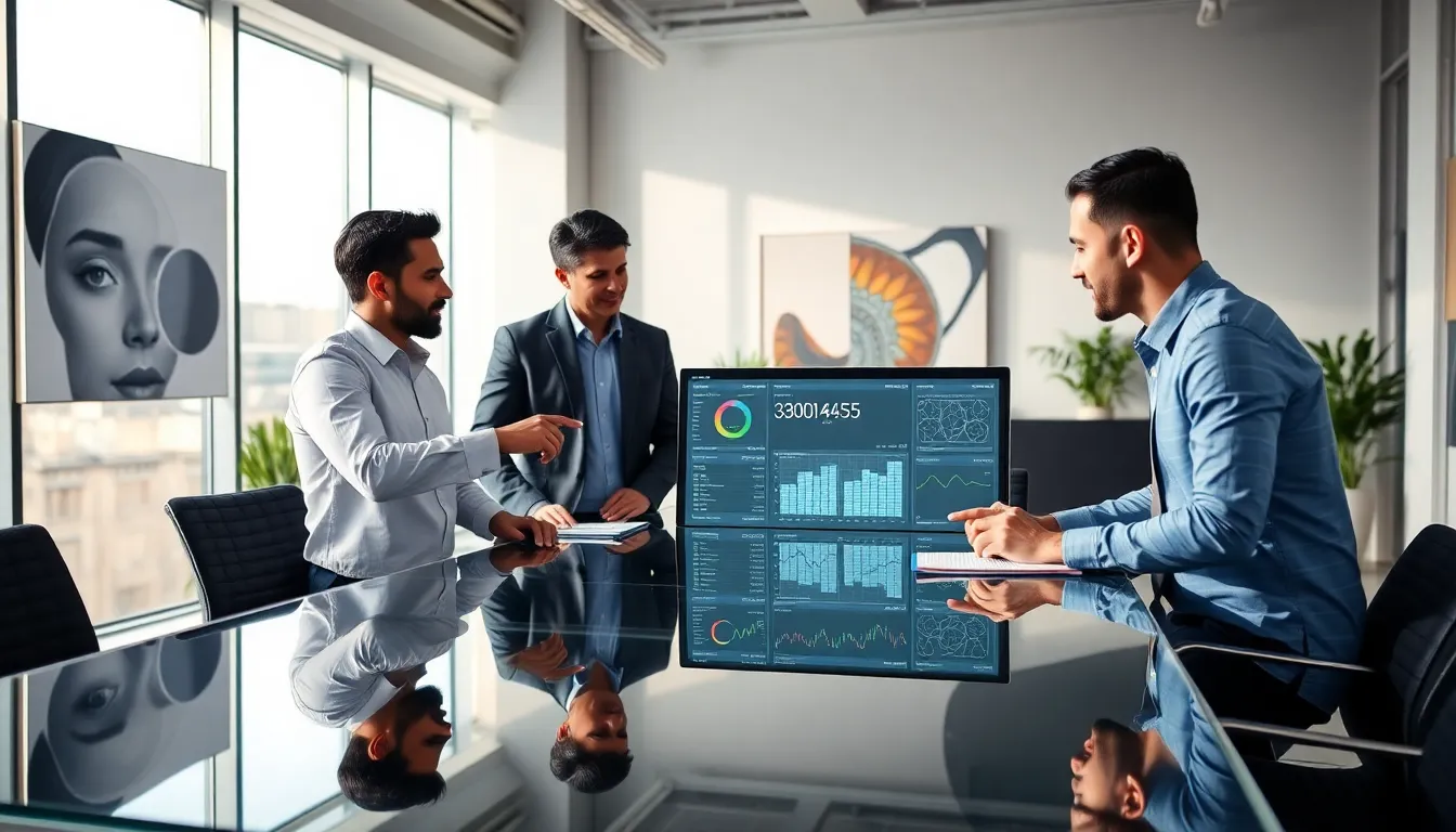 diverse professionals discussing data about a number in a modern office.