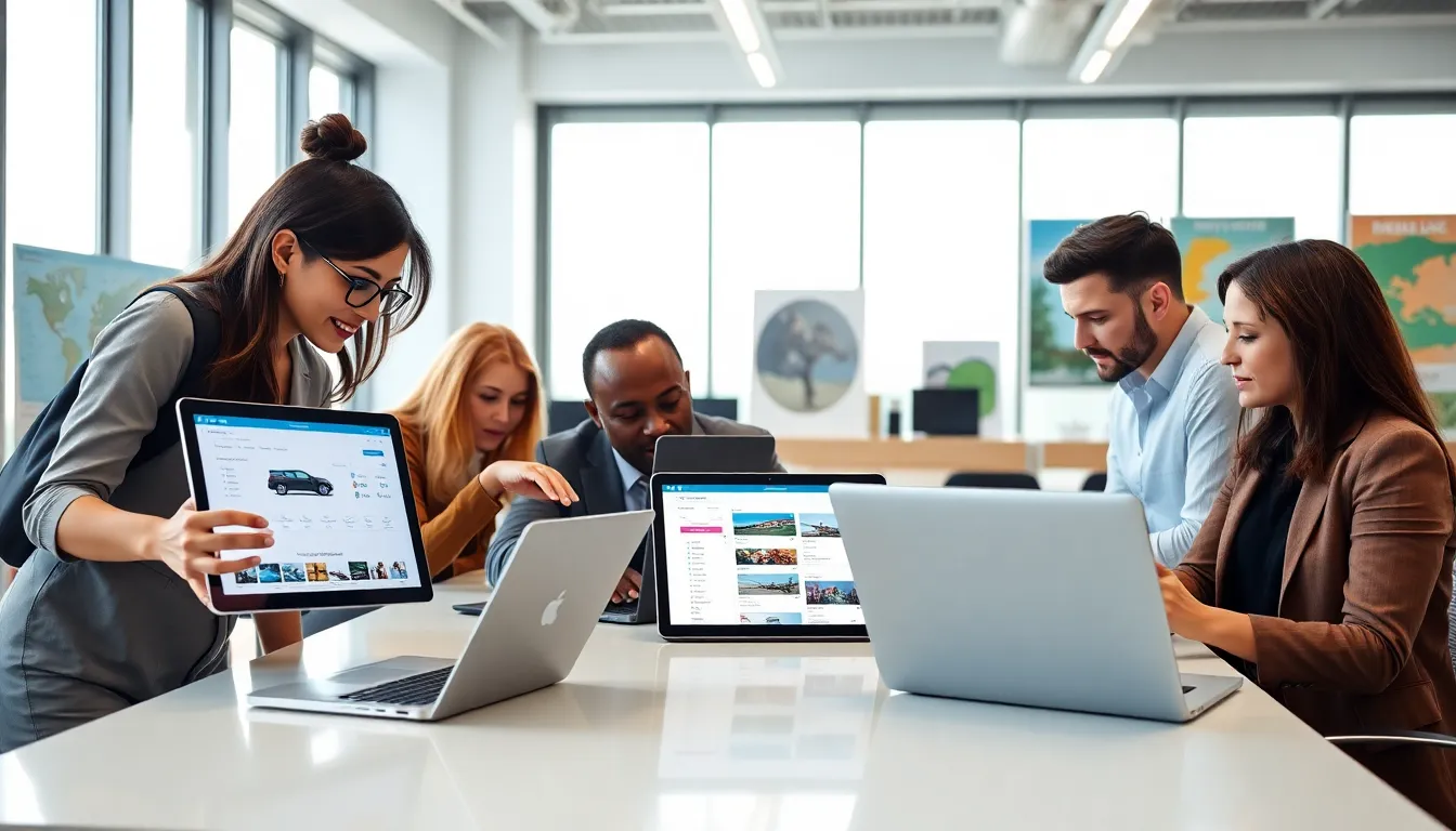 diverse team booking travel using an online platform.