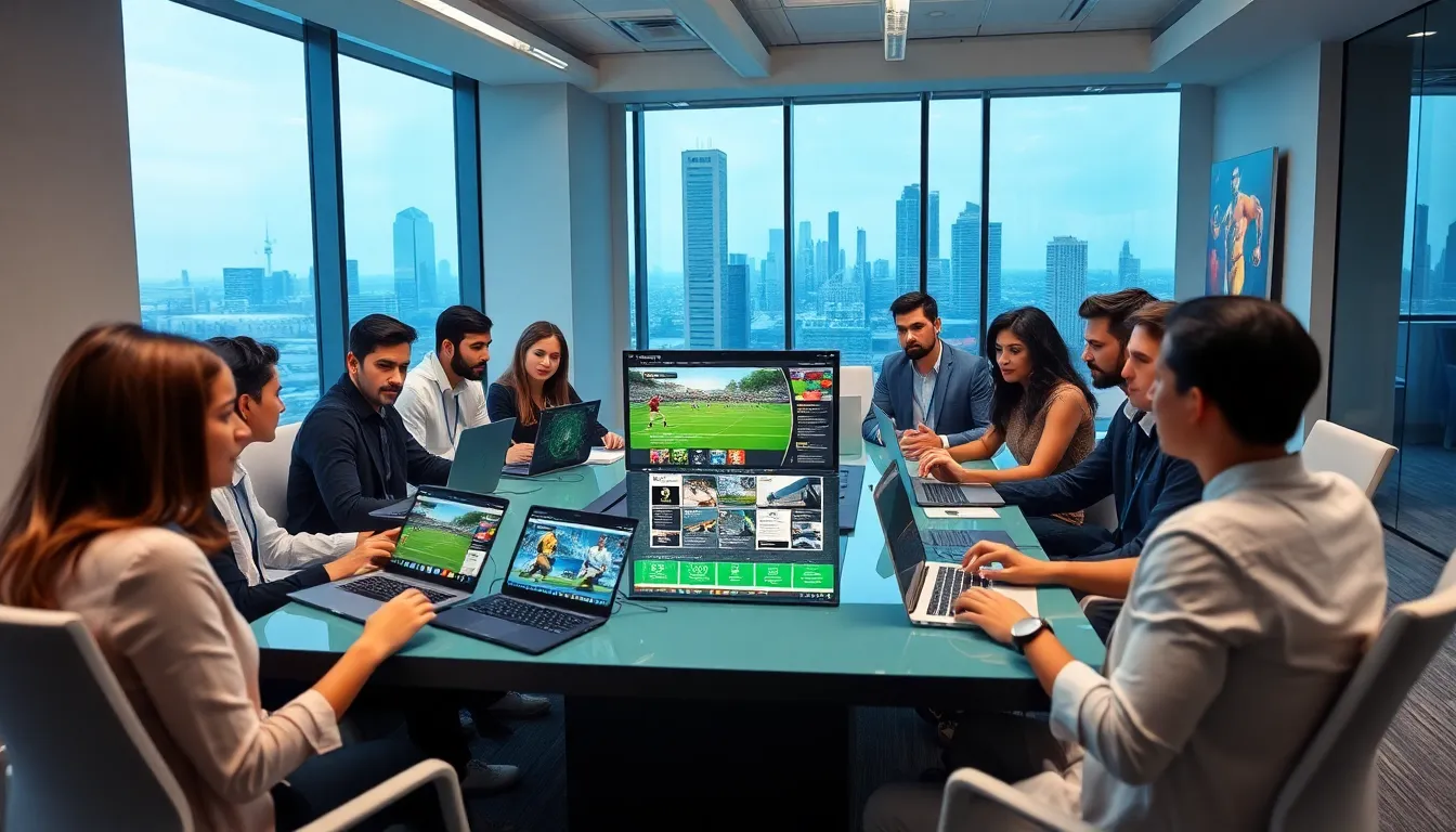 diverse professionals discussing sports news in a modern office.