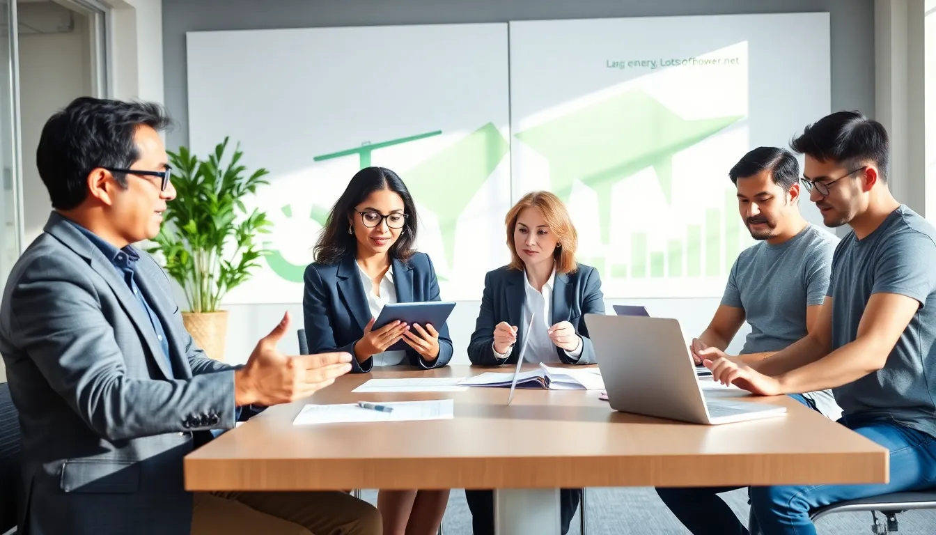 four professionals discussing energy solutions in a modern office.