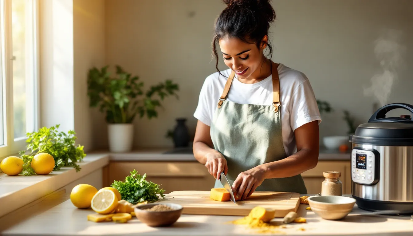Woman slicing butternut squash on bamboo board in a sunlit kitchen with spices and Instant Pot.