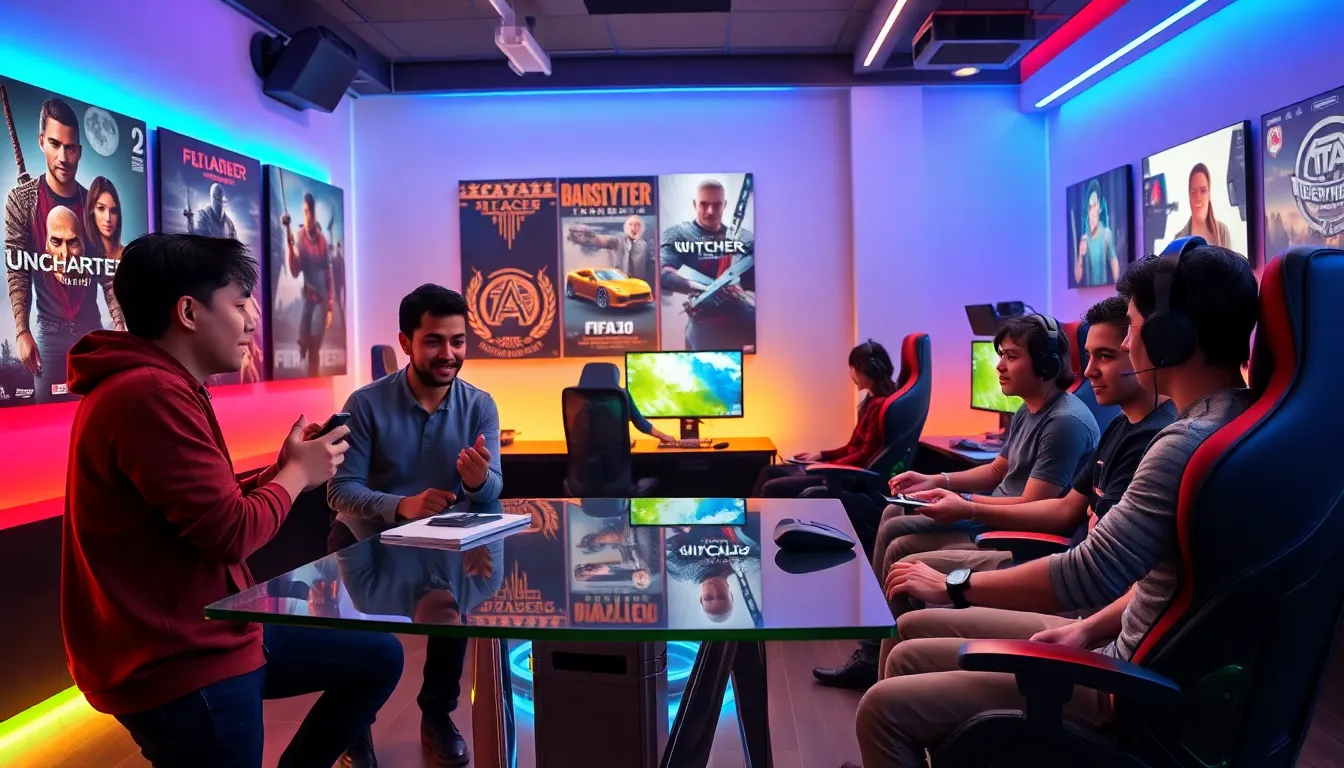 diverse group of gamers discussing different gaming genres in a lounge.