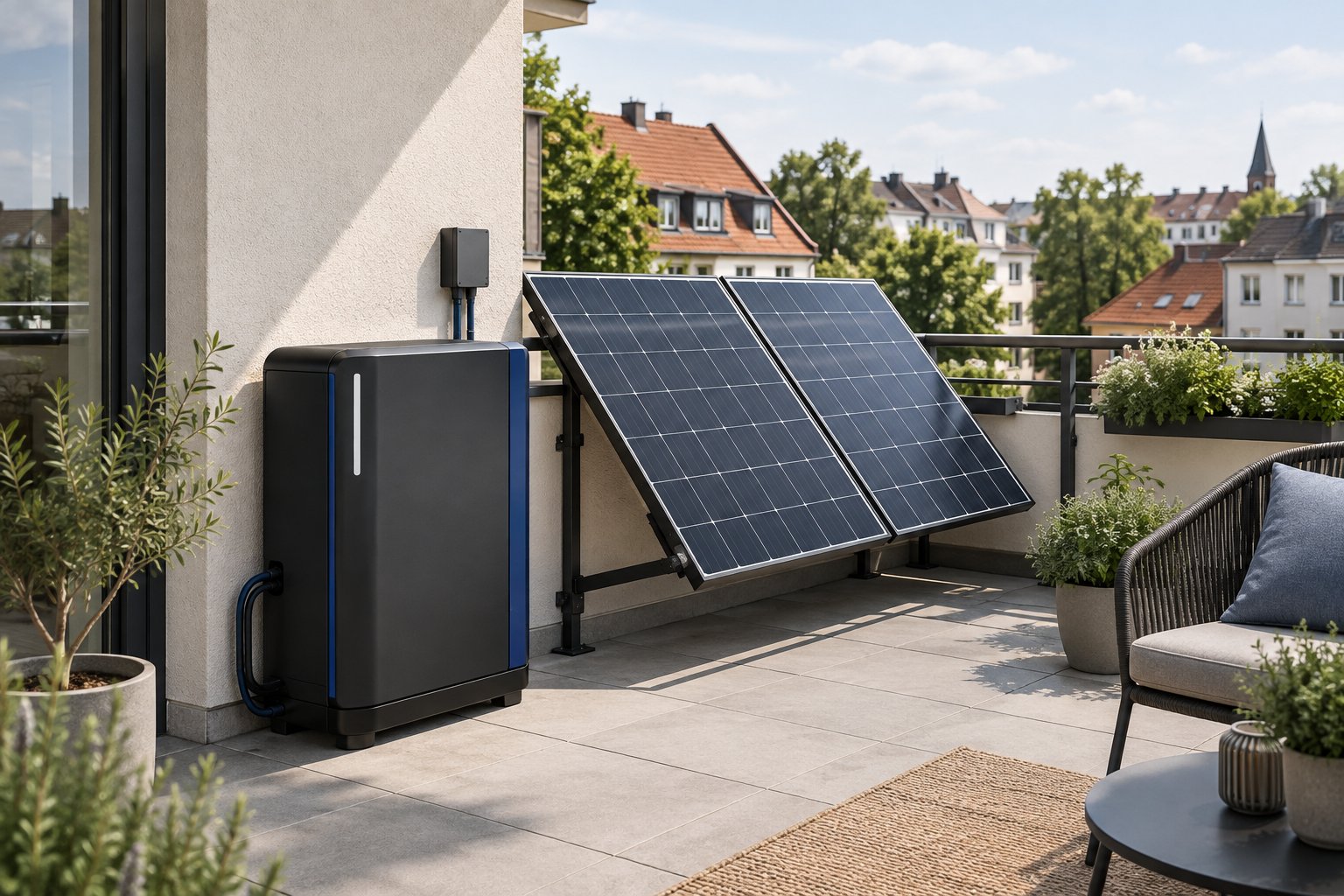 Batteriespeicher neben Solarmodulen auf dem Balkon eines Wohnhauses