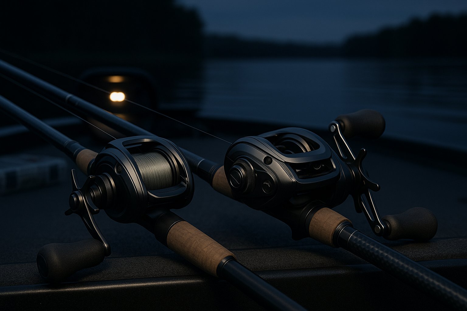Night fishing reels on rods beside a boat at dusk.