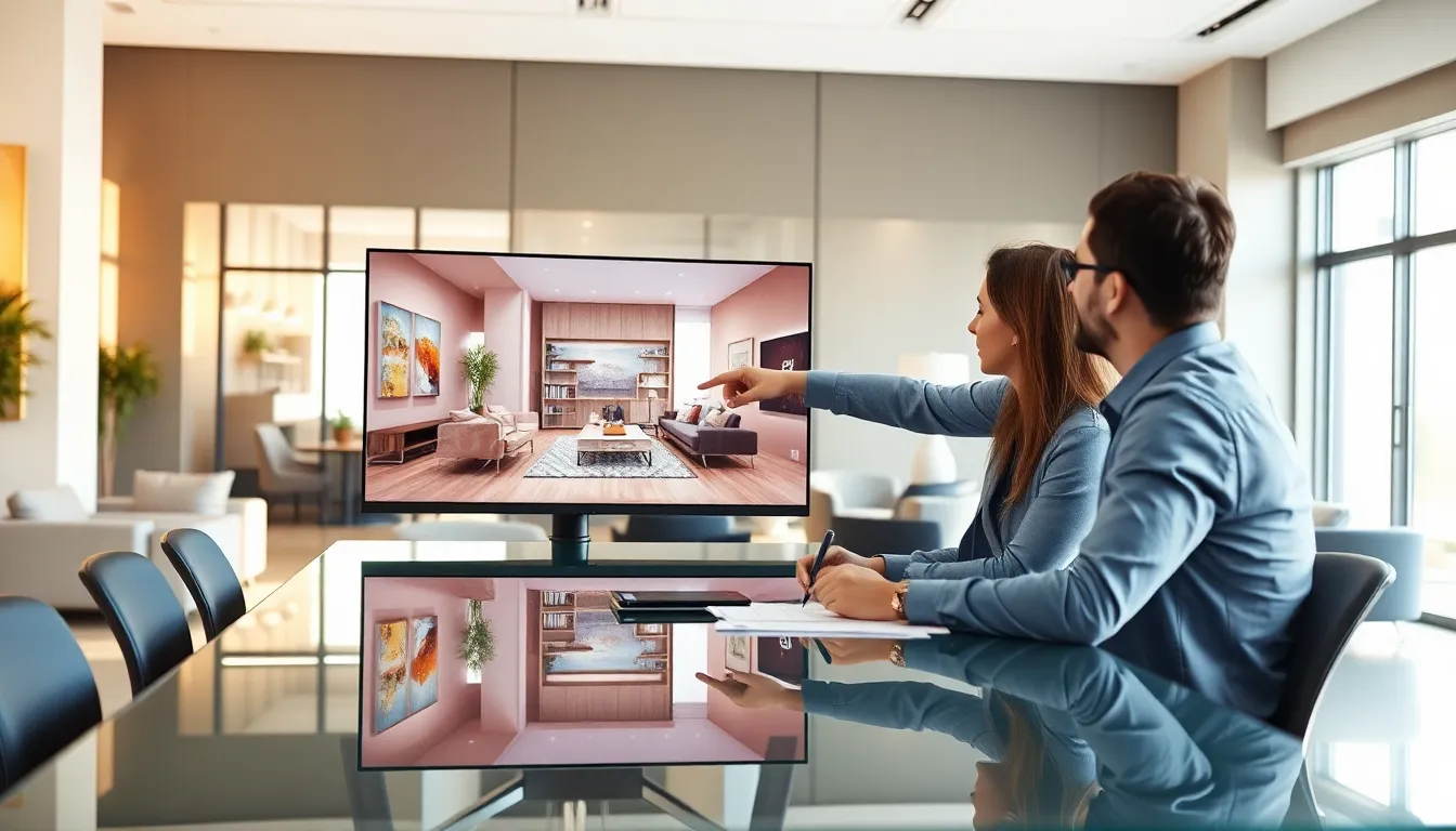 professionals collaborating on interior design rendering software in a modern office.