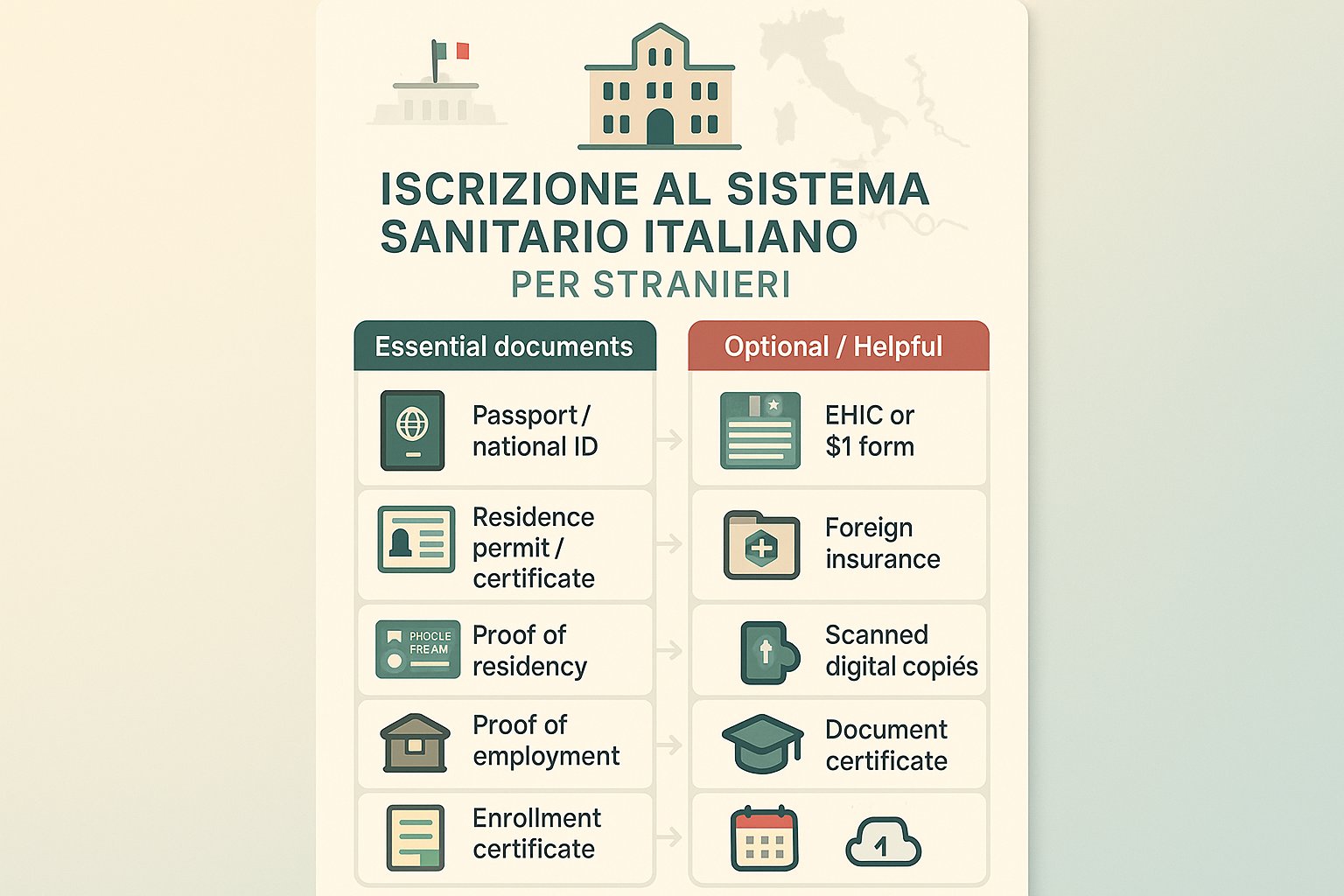 Infografica in stile lista di controllo dei documenti per registrare stranieri nel sistema sanitario d'Italia.