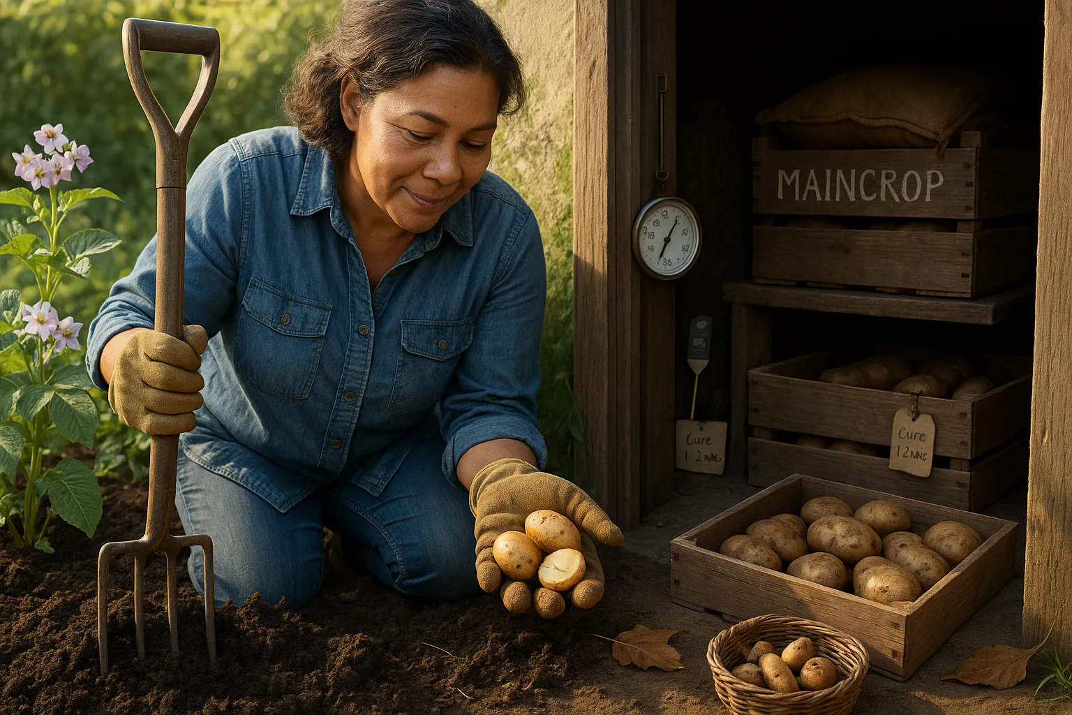 Gardener lifting first earlies with crates of cured maincrop potatoes in cellar.