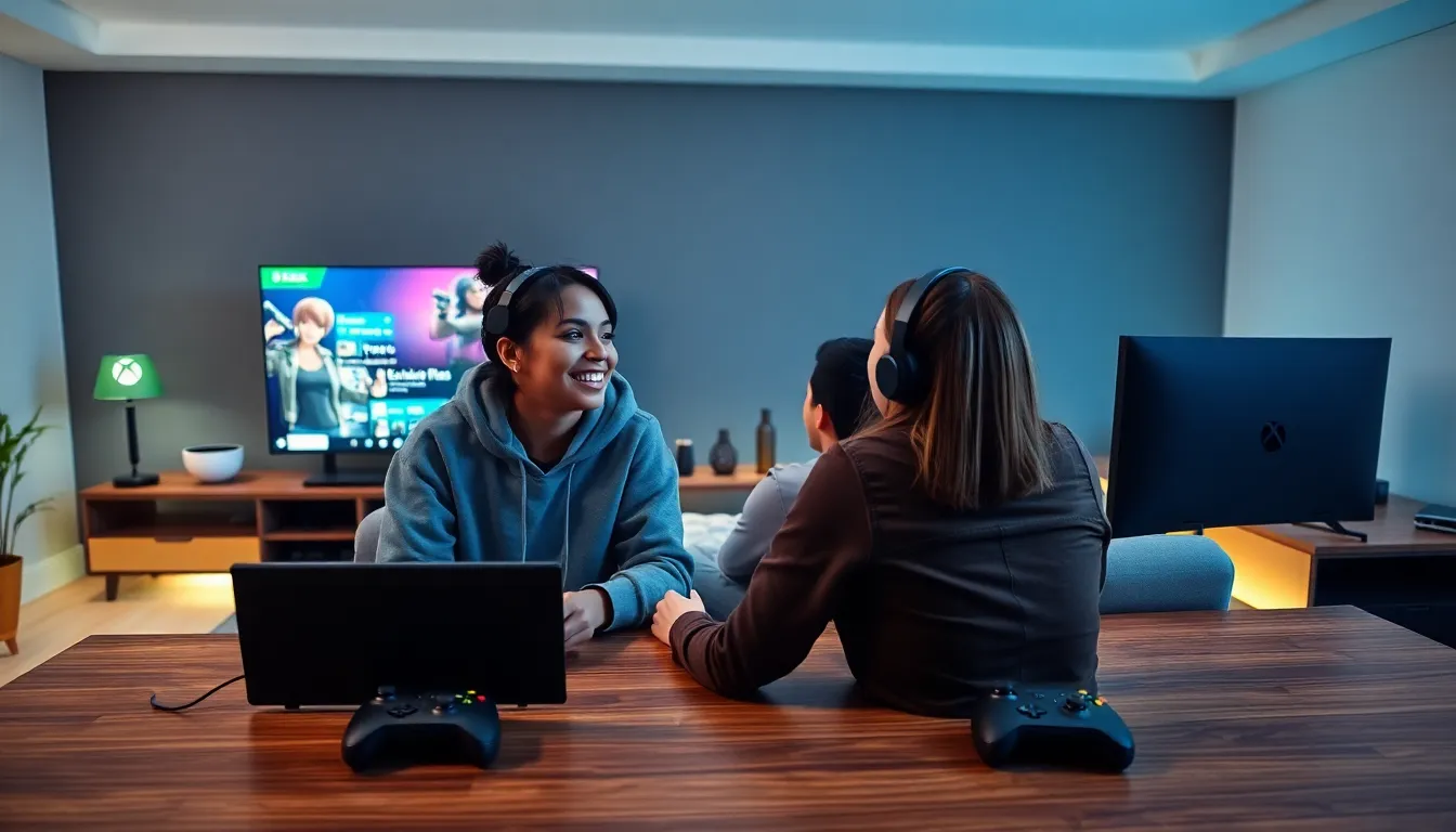 diverse group of friends gaming with Xbox consoles in a modern lounge.