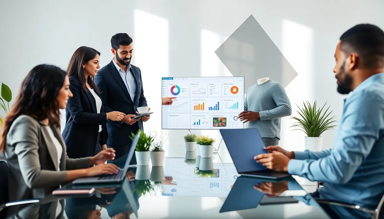 diverse professionals collaborating around digital tools in a modern office.