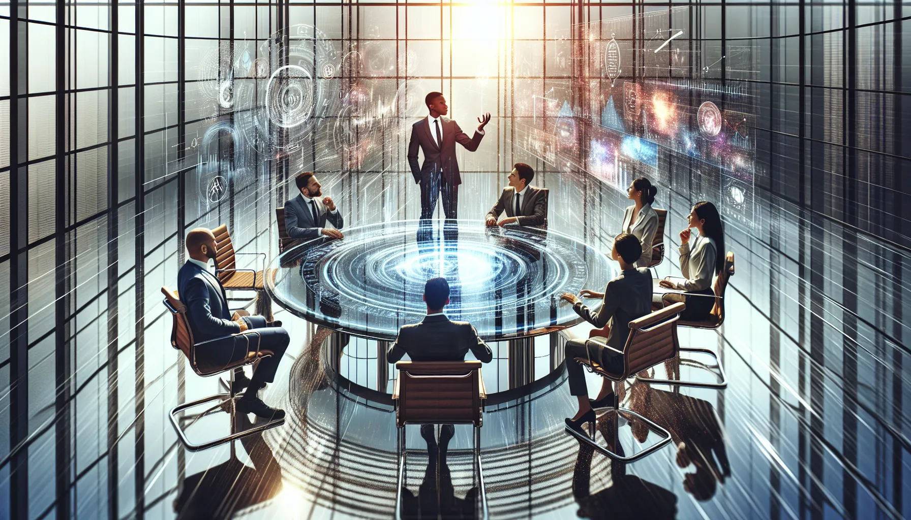 diverse team discussing data in a modern office setting.