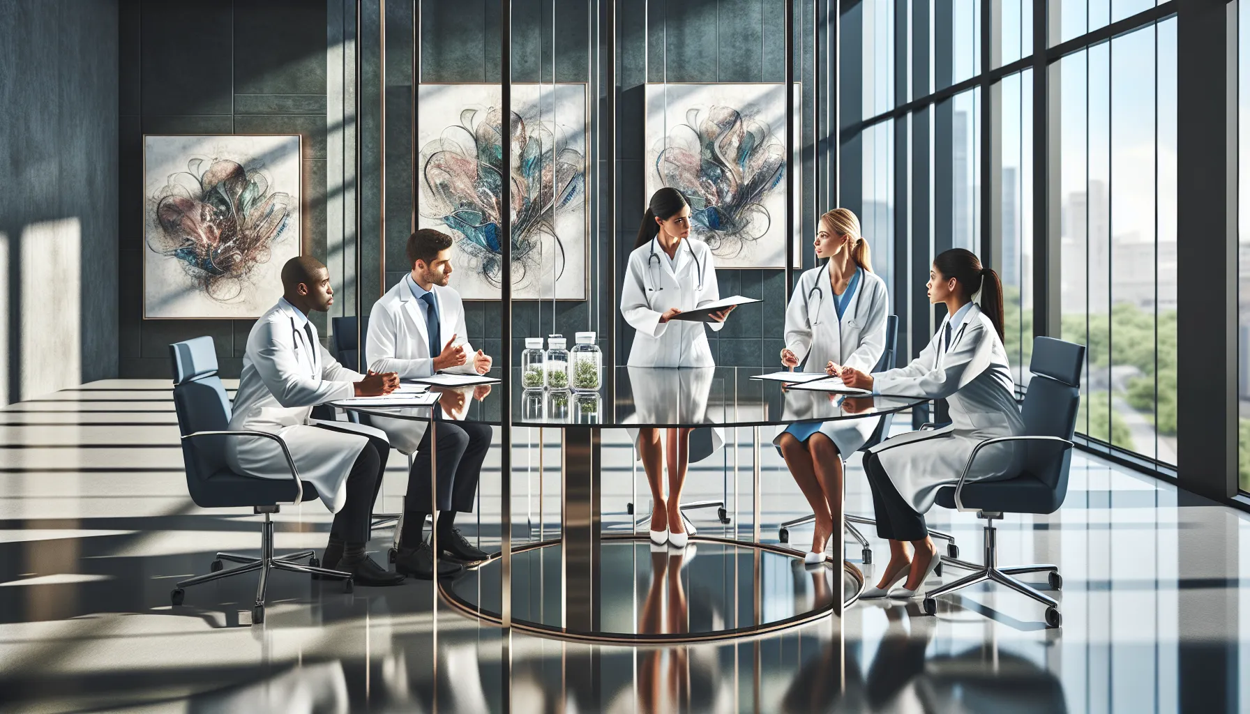 healthcare professionals discussing herbal safety in a modern office.