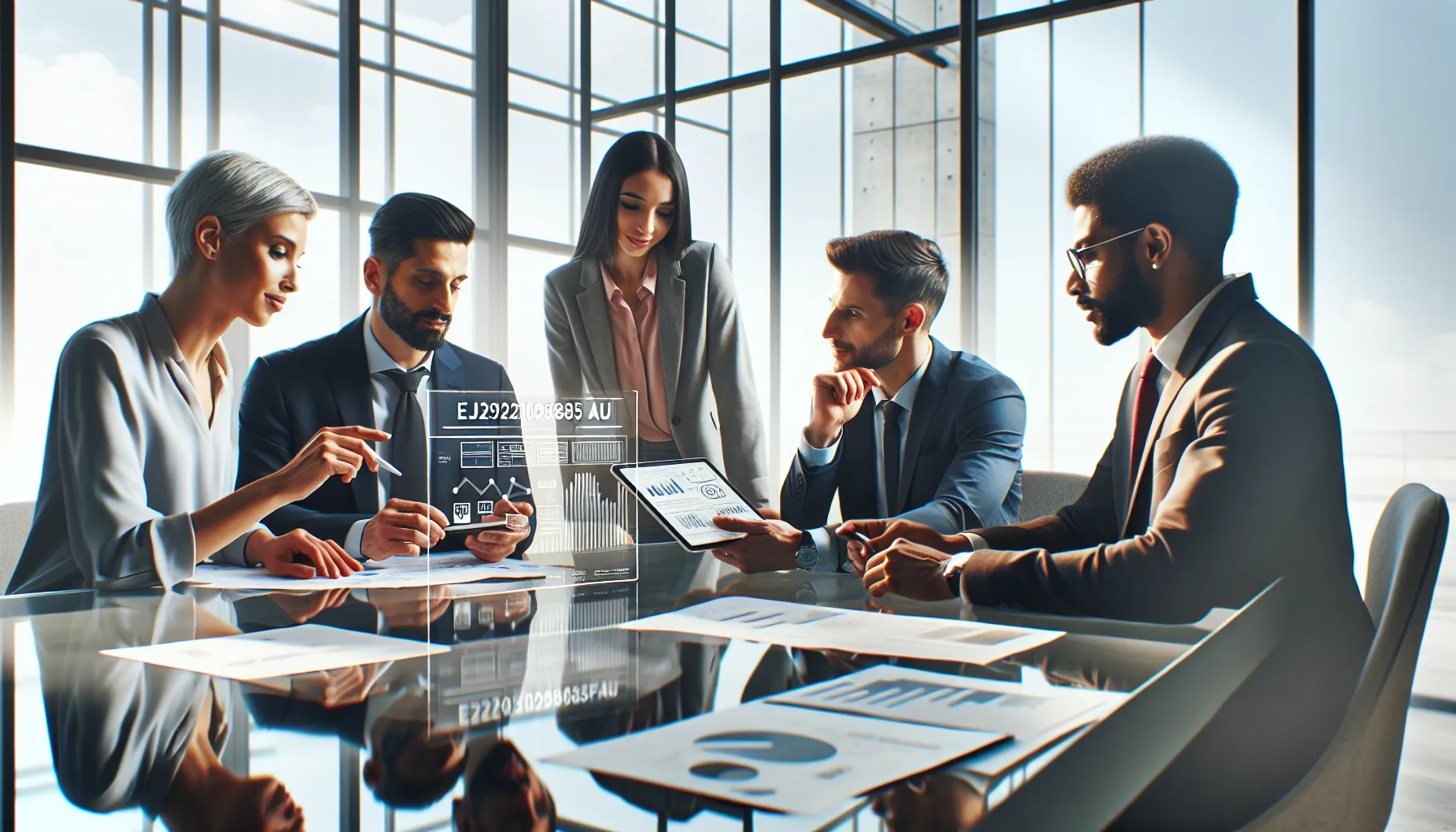 diverse team discussing logistics around a modern conference table.